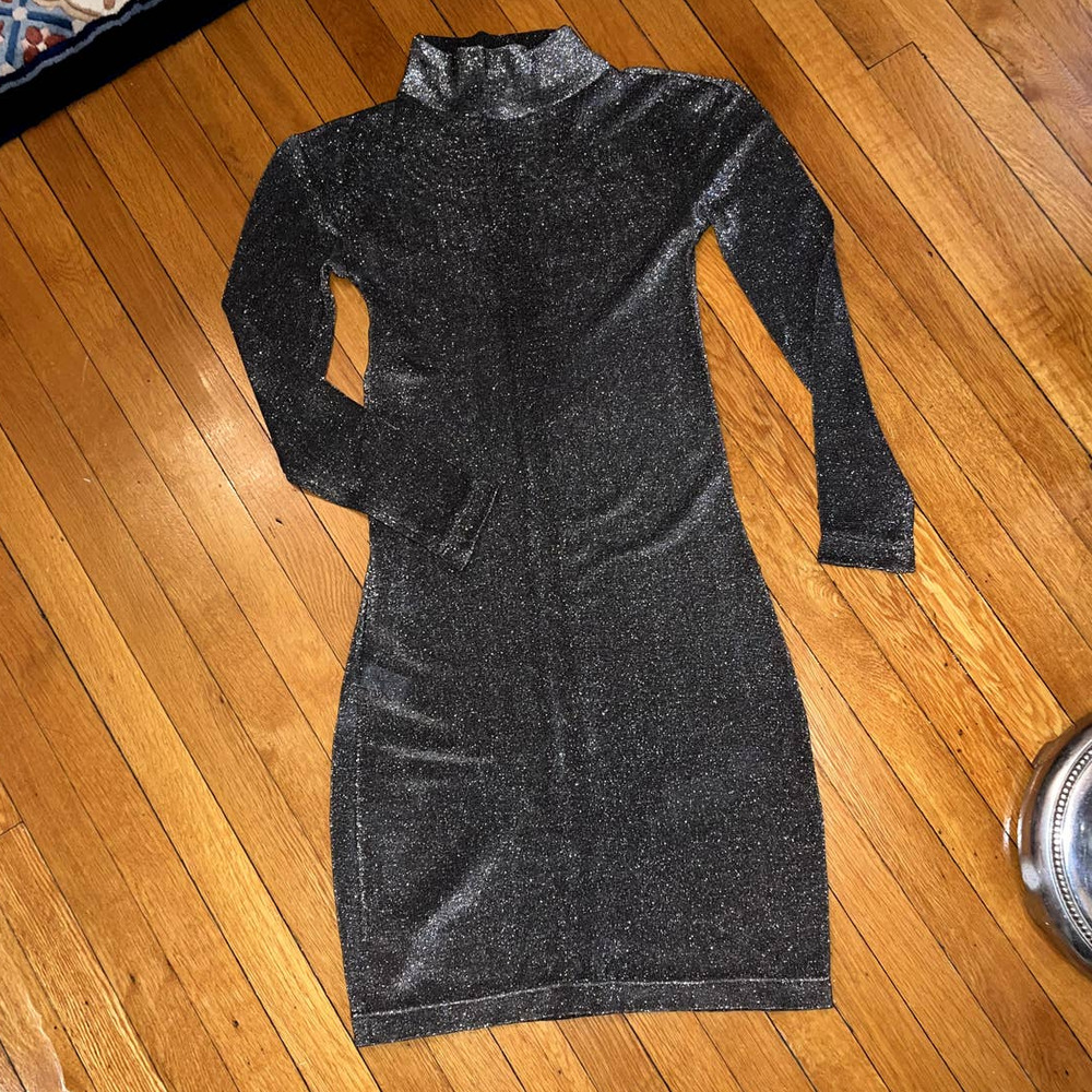 Claude Montana Silver Shimmer Mock Turtleneck Dress